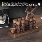 Single Dose Coffee Bean Storage Tubes Coffee Storage Container with One-Way Exhaust Valve,Coffee Bean Cellar 10 Pcs Dosing Glass Vials (2 Oz) Walnut Wood Stand Funnel And Lids