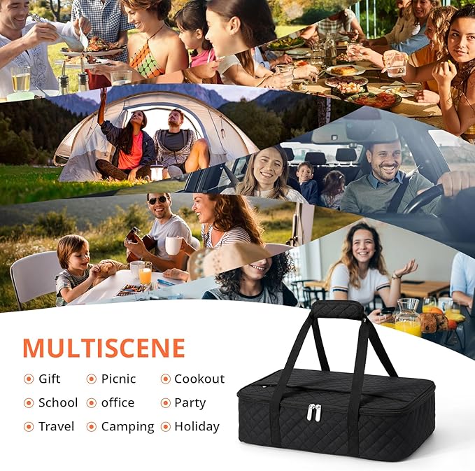 Insulated Casserole Carrier for Hot or Cold Food, Large Insulated Casserole Carrier, Reusable Lunch Box for Men/Women, for Men Adults Work Picnic Hiking Beach Fishing (Black) 17.12" x 11.42"x 4.53"