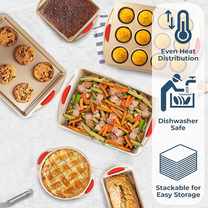 Perlli Baking Kit: Nonstick Gold Steel Oven Set - 6 Pieces, Round Cake Pan, Loaf Pan, Square Pan, Muffin Pan, Cookie Sheet, Roaster - Silicone Handles