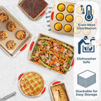 Perlli Baking Kit: Nonstick Gold Steel Oven Set - 6 Pieces, Round Cake Pan, Loaf Pan, Square Pan, Muffin Pan, Cookie Sheet, Roaster - Silicone Handles