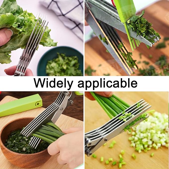Garlic Press and Herb Scissors Set, 6 Pieces with Garlic mincer and Multipurpose Scissors, Rustproof Tools for Kitchen Use. (Silver+Green)