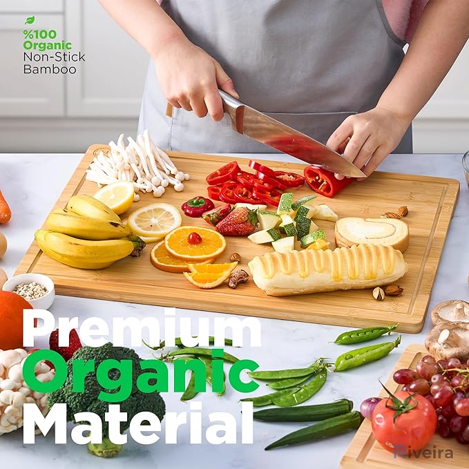 Riveira Cutting Boards For Kitchen – Gourmet Bamboo Grandeur: 20 x 14 Inches Bamboo Wood Cutting Board – Natural Non Toxic Cutting Board – Innovative Juice Grooves Wood Cutting Boards For Kitchen