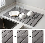 Stone Dish Drying Mat with PU Leather Surface for Kitchen Counter, Water-Absorbent Collapsible Roll up, Quick Dry, Non-Slip for Cups Dishes Bottles,Removable and washable(Medium Gray, 23.6”x15.4”)
