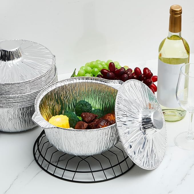 12 Pcs Disposable Aluminum Pot with Lid Round Foil Pans Disposable Cookware Food Container for Vacation Trips Camping Baking Heating Cooking (74.4 oz)