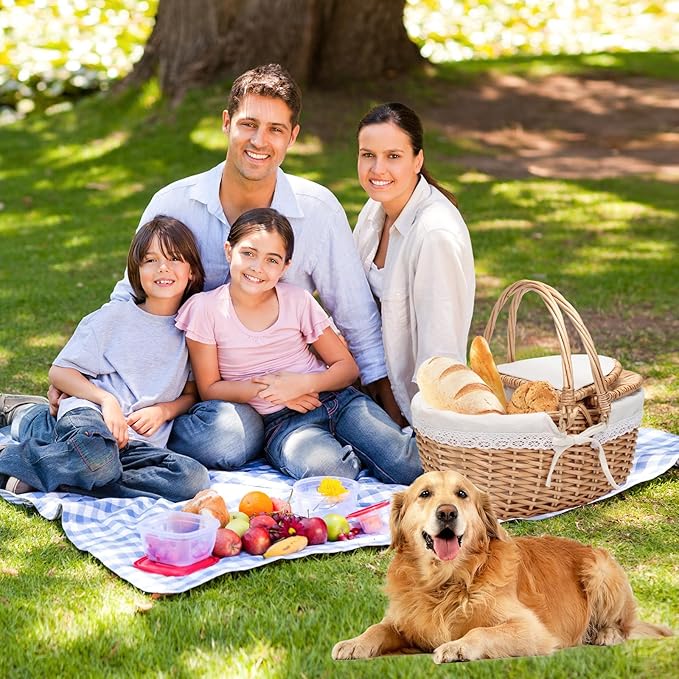 Wicker Picnic Basket with Removable White Lace Liner - 15x11.5x7 Inch Outdoor Picnic Hamper, Foldable Handles & Lockable Lid, Portable Picnic Tote Basket for 4 Person