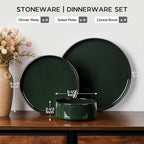 Stoneware Dinnerware Sets for 4, Onader Reactive Glaze Plates and Bowls Sets, Ceramic Dish Dinner Set with Rustic Terracotta Bottom, 12 Piece Elegant Dishware - Emerald Green