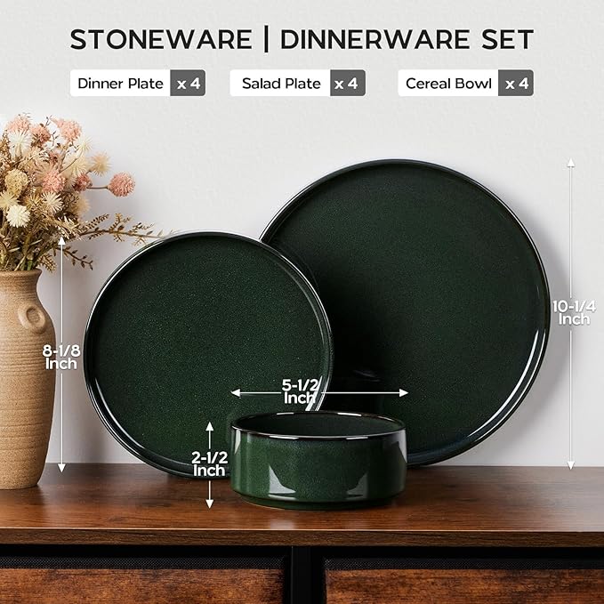 Stoneware Dinnerware Sets for 4, Onader Reactive Glaze Plates and Bowls Sets, Ceramic Dish Dinner Set with Rustic Terracotta Bottom, 12 Piece Elegant Dishware - Emerald Green