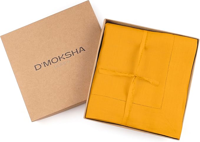 D'Moksha Homes Sunflower Yellow Linen Tablecloth 54 x 72 Inch - 100% Pure Linen Yellow Table Cloth for Rectangle Tables - Classic Hemstitch, Machine Washable Tablecloth for Summer, Fall and Halloween