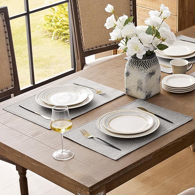 Romanstile Cloth Placemats Set of 8-12 x 18 Inch, Heat Resistant Double Layered Thickened Burlap Place Mats, Washable Linen Farmhouse Table Mats for Kitchen/Dining/Party/Outdoor, Light Grey