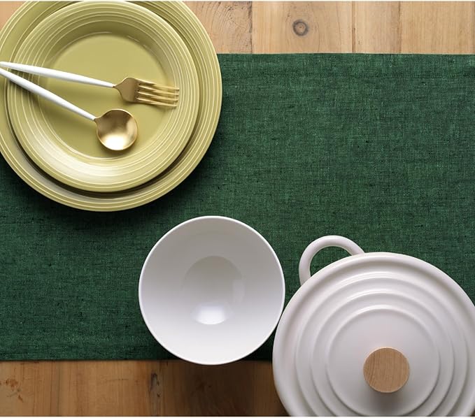 Solino Home Linen Table Runner 48 Inches - 100% Pure Linen Forest Green Table Runner 14 x 48 Inch Ideal for Dresser and Coffee Tables - Athena