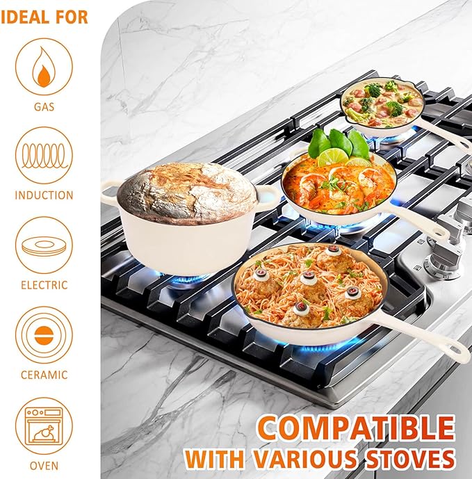 Enameled Cast Iron Cookware Set, 5-Piece Ceramic Coated Pots & Pans with Dutch Oven and Lid, PFAS/PTFE/PFOA-Free, Induction Gas Oven Safe, Cream White Cookware Set