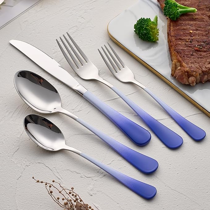 20-Pieces Color Silverware Sets for 4,Blue and white Handle Stainless Steel Cutlery Set, Include Forks Spoons and Knives Set, Dishwasher Safe Utensil Sets for Home Restaurant