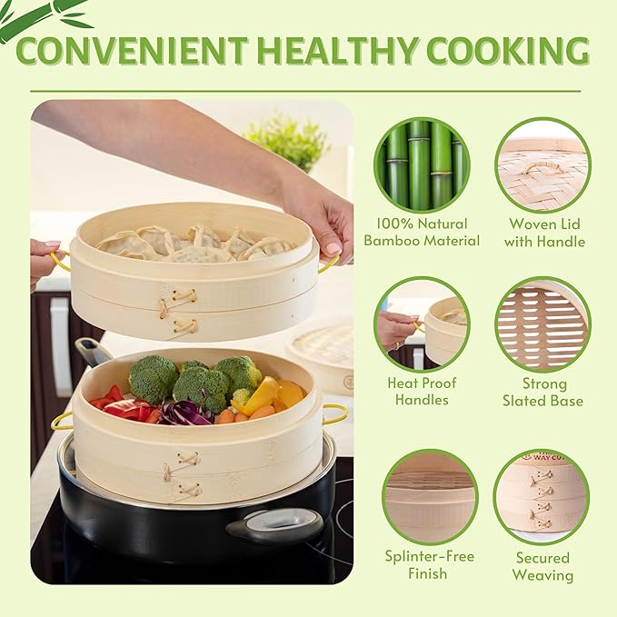 2 Tier Bamboo Steamer- 10" Baskets With Handle, Silicone Liner, Adapter, Molder Press For Cooking Vegetables Dumpling Press & Dough Cutter for Steaming Chinese Asian Food & Bao Bun, Dim Sum Potsticker