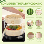 2 Tier Bamboo Steamer- 10" Baskets With Handle, Silicone Liner, Adapter, Molder Press For Cooking Vegetables Dumpling Press & Dough Cutter for Steaming Chinese Asian Food & Bao Bun, Dim Sum Potsticker