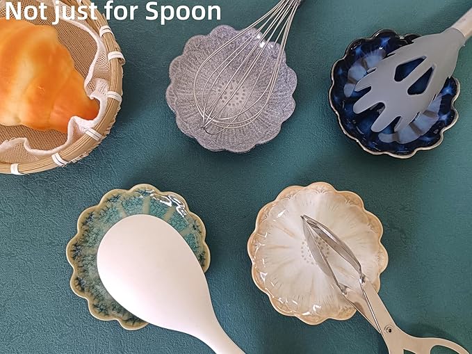 Ceramic Spoon Rest for Stove Top, Flower Cute Spoon Rest for Kitchen Counter, Cooking Spoon Holder for Kitchen Counter, Utensil Rest Spatula Rest Ladle Holder Tong Rest, 1 PC (Retro, Mist Green)