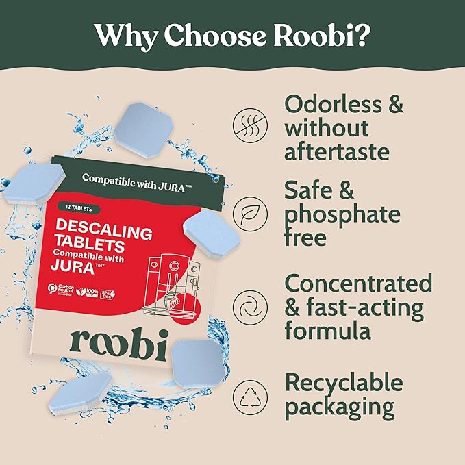 Roobi Jura Compatible Descaling Tablets. 12 Jura Descaling Tablets for Automatic Espresso Coffee Machines. 100% Vegan, Carbon Neutral.