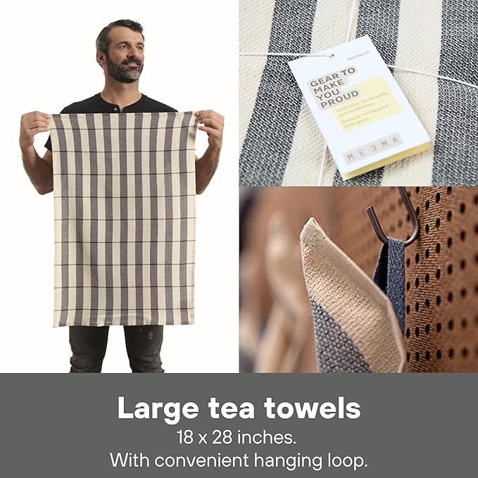 MEEMA Kitchen Towels and Dishcloths Sets of 4 | Large 18 x 28 Inch | Upcycled Cotton Tea Towel | Super Absorbent Cotton Dish Towels for Kitchen | Charcoal Stripes | Hand Towels