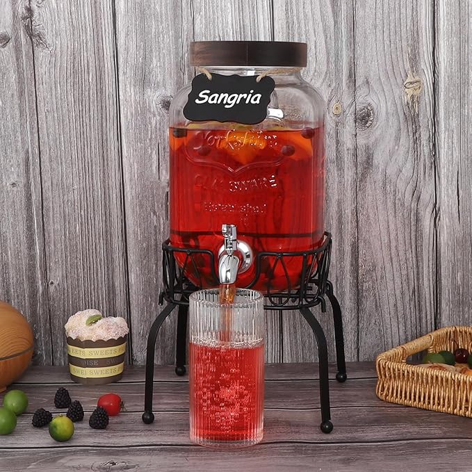 1 Gallon Drink Dispenser with Spigot 18/8 Stainless Steel – Airtight & Leakproof Glass Sun Tea Jar with Anti-Rust Lids, Beverage Dispenser for Parties (Single with Stand)