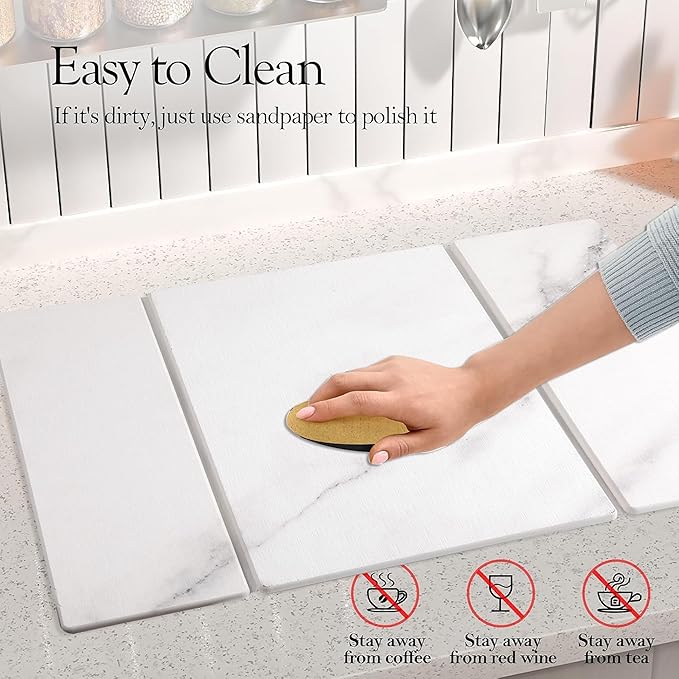 Quick Dry Collapsible Dish Drying Mat, Eco-Friendly Absorbent Diatomaceous Earth Mats for Dishes Bottles Cups 20"×16"Large Stone Dish Drying Mats for Kitchen Counter (White , 20"（L）×16"（W）)