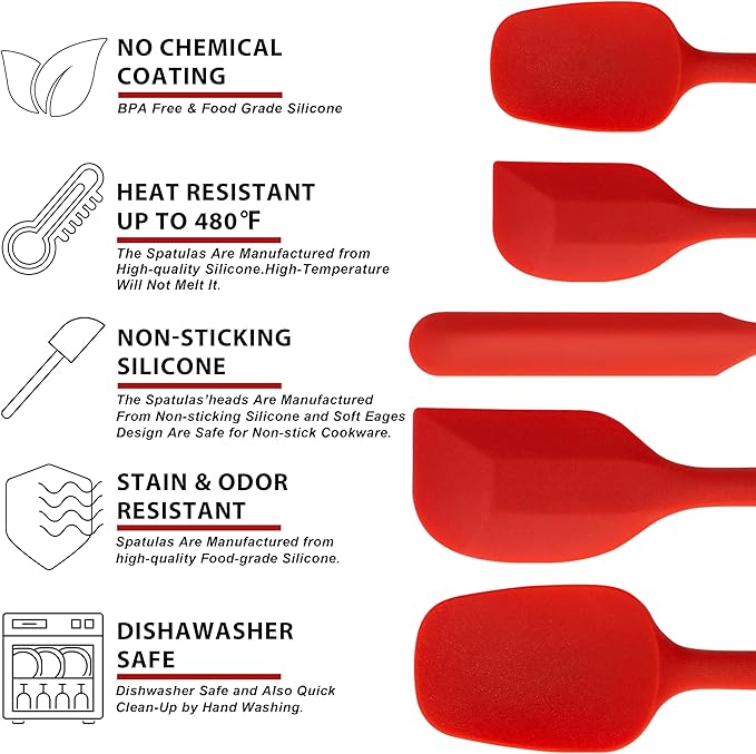 Anaeat Silicone Spatula Set of 5 - Seamless One-Pieces Design, Non-Stick Rubber Spatulas BPA Free Kitchen Scraper Flexible for Easy Baking, Cooking, Scraping & Mixing, Heat Resistant & Dishwasher Safe