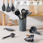 E-far Gray Cooking Utensils Set with Holder, 25-Piece Silicone Kitchen Utensil Set with Wooden Handle for Nonstick Cookware, 446°F Heat Resistant Kitchen Tool Spatula Tongs Whisk, Non-toxic & Healthy