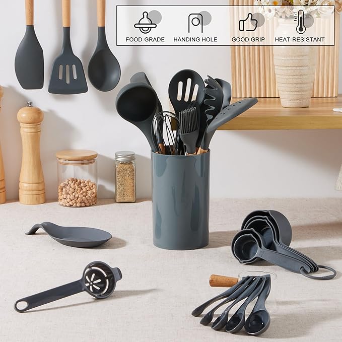 E-far Gray Cooking Utensils Set with Holder, 25-Piece Silicone Kitchen Utensil Set with Wooden Handle for Nonstick Cookware, 446°F Heat Resistant Kitchen Tool Spatula Tongs Whisk, Non-toxic & Healthy
