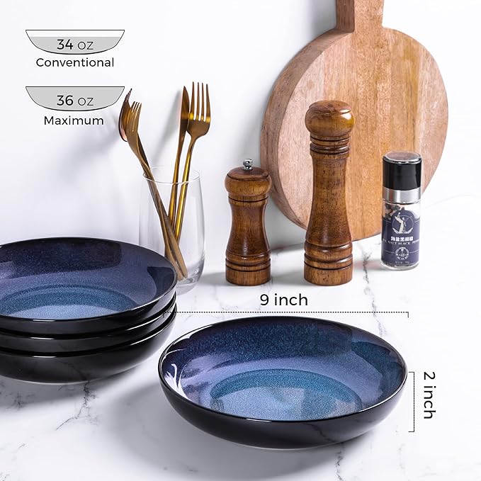 LERATIO Large Pasta Bowls,38oz Ceramic Pasta Bowls,9.0" Reactive Glaze Pasta Bowl Set of 6,Microwave & Dishwasher,Oven Safe,Wide Serving Bowls for Salad,Pasta,Fruit,Scratch Resistant-Blue