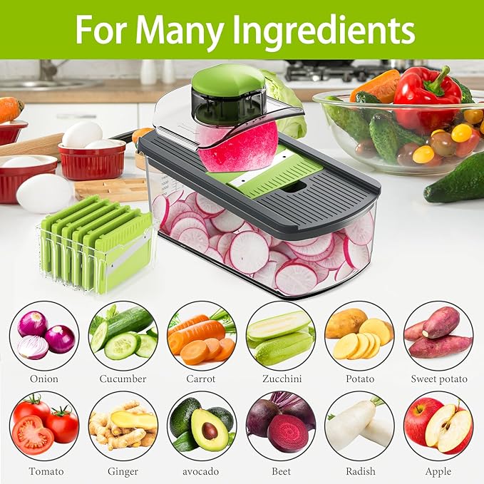 Cambom Mandoline Slicer Vegetable Slicer With 2 L Container for Potatoes, Tomatoes, Cucumbers, Carrots With 10 Blades White