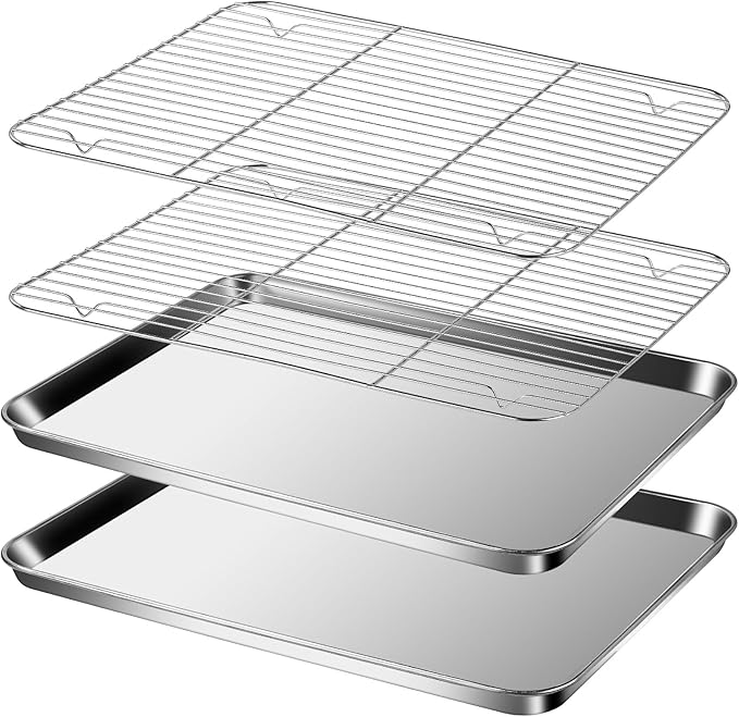 Baking Sheet with Racks Set [2 Sheets + 2 Racks], Stainless Steel Baking Sheets with Cooling Racks, Nonstick Pan, Warp Proof & Rust Proof & Easy to Clean, Size 16 X 12 X 1 Inch