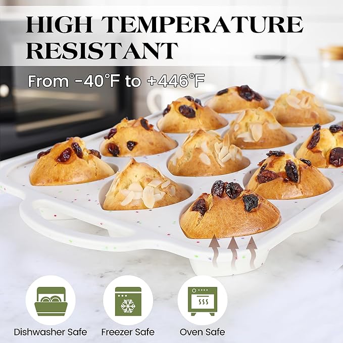 2 Pcs Heart Shaped Muffin Pan with Metal Reinforced Frame 12 Cup Nonstick Silicone Heart Cake Mold for Baking 2.5 Inch Cupcake Tray (Cream)