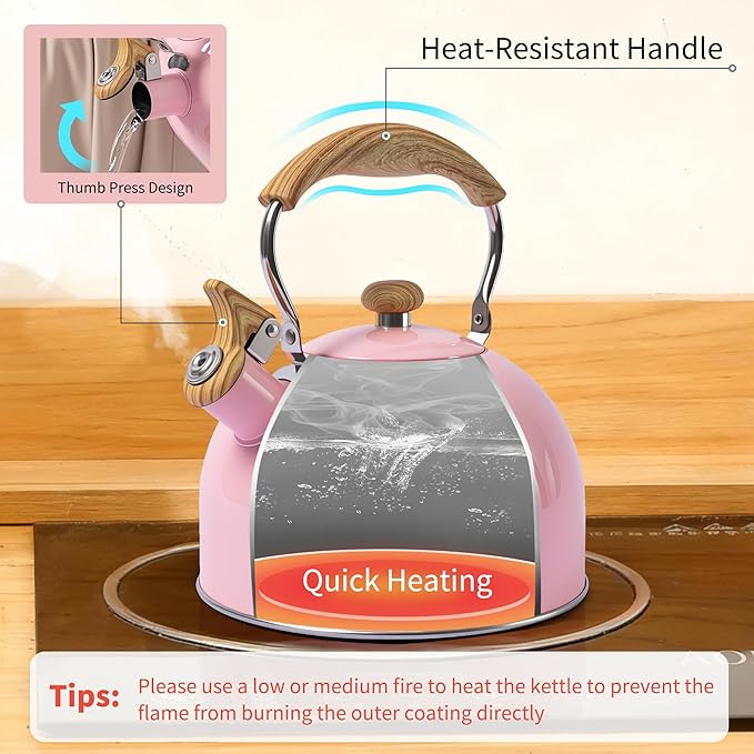 LONFFERY Tea Kettle, 2.5 Quart Whistling Tea Kettle, Tea Pots for Stove Top Food Grade Stainless Steel with Wood Pattern Folding Handle - Pink