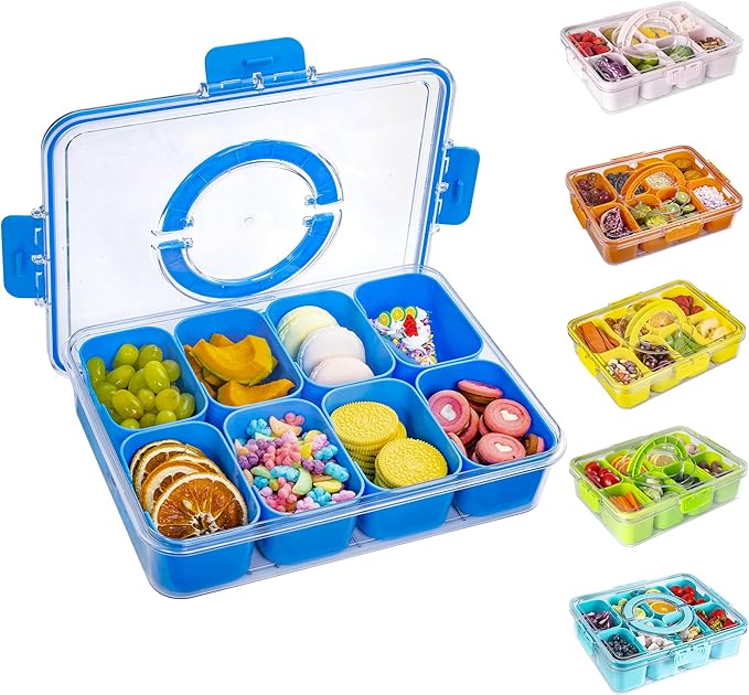 Divided Snack Serving Tray with Lid and Handle Travel Snackle Charcuterie Container Portable Storage Organizer for Candy, Fruits, Nuts, Snacks, Party, Picnic (1pack, Cerulean)