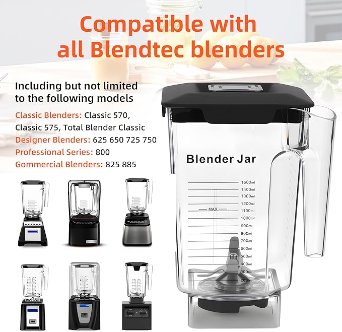 90 oz Replacement Jar Compatible with Blendtec Blender, Container Pitcher Fits All Consumer and Commercial Models, Includes Blade and Lid