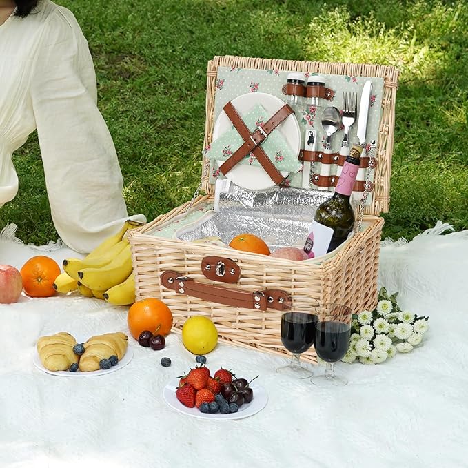 ZORMY Wicker Picnic Basket for 2 Person, Willow Hamper Basket Sets with Insulated Compartment, Handmade 2 Person Picnic Basket for Camping - Flower