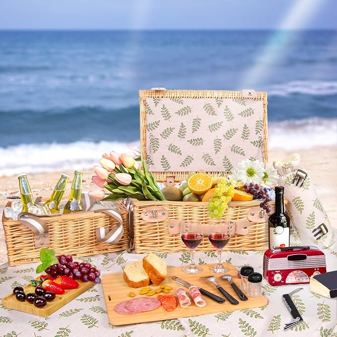Hap Tim Dual Wicker Picnic Basket Set with Blanket Charcuterie Boards for 2/4/6 - Unique Gifts Ideas for Couple, Engagement, Wedding, Bridal Shower, Family, Christmas - White Elephant Gifts for Adults