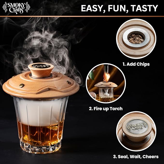Cocktail Smoker Kit with Torch - Whiskey Smoker Kit comes with Saturn-Shaped Smoke Infuser, Culinary Torch, Cotton Bag and Wood Chips (Apple & Cherry) - Gifts for Men (Without Butane)