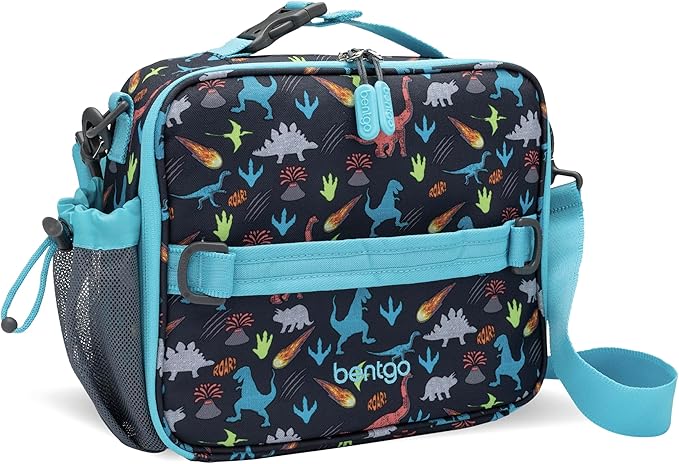 Bentgo Kids Lunch Bag - Durable, Double-Insulated Lunch Bag for Kids 3+; Holds Lunch Box, Water Bottle, & Snacks; Easy-Clean Water-Resistant Fabric & Multiple Zippered Pockets (Dinosaur)