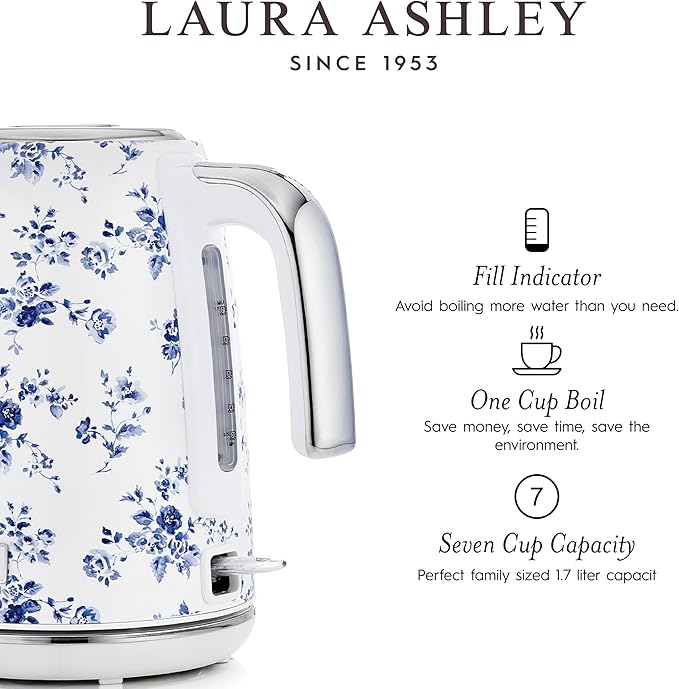 Laura Ashley Stainless Steel Electric Kettle 1.7 Liter - 1500W Rapid Boil Electric Kettles for Boiling Water - Electric Tea Kettles Automatic Shut Off - Overheat & Boil Dry Protection Jug Kettle
