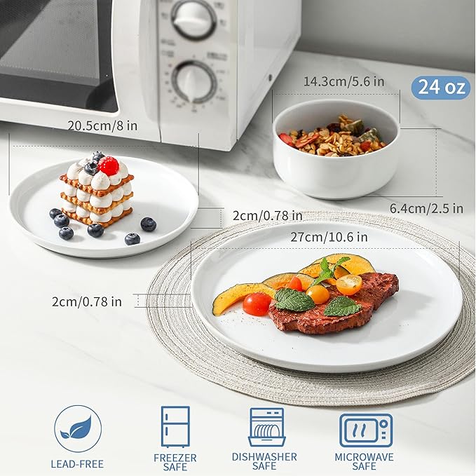 12 Pieces Porcelain Dinnerware Set, Modern Serving Plates and Bowls Sets, Premium White Dishes Set for 4, Chip and Scratch Resistant Dishware Sets Kitchen Dish Dining Ware Tableware Set, White