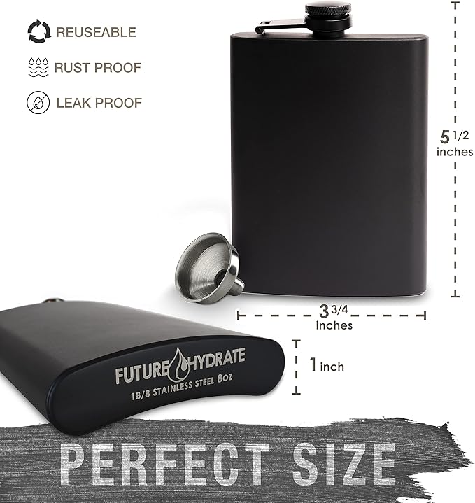 Hip Flask for Liquor for Men and for Women - Stainless Steel Flask - Drinking Flask for Whiskey Alcohol includes flask funnel (Leakproof, Rustproof, 8 ounce, All Black)