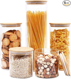 Glass Food Storage Jars, Glass Jars with Bamboo Lids, Kitchen Storage Jars, Canisters with Airtight Lids for Spice, Coffee, Cookie, Set of 5, Pantry Organizers