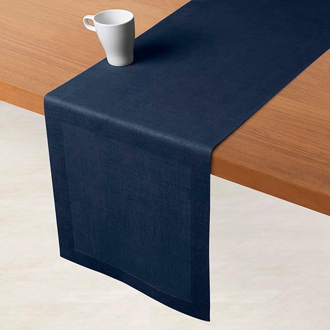D'Moksha Homes Linen Navy Blue Table Runner 84 Inches Long - 100% Pure Linen 14 x 84 Inch Table Runner for Dining, Summer, Fall and Halloween - Machine Washable