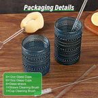 Vintage Glassware Drinking Glasses Set of 12,Blue 12oz & 15oz Hobnail Glass Cups,Embossed Water Tumbler,for Beer,Cocktail,Whiskey,Juice and Various Mixed Drinks- 1 Cleaning Brush