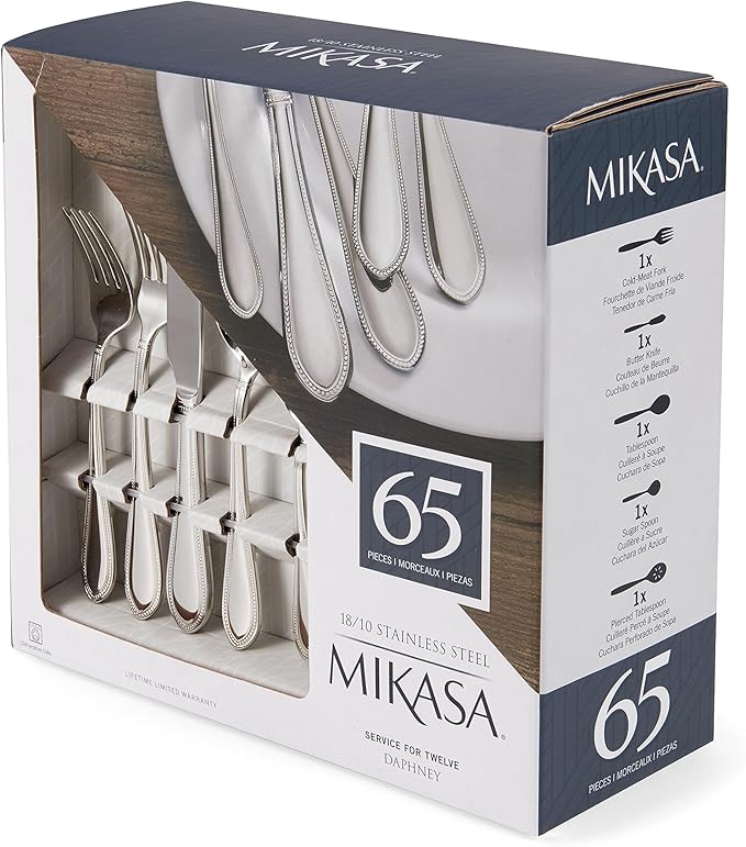 Mikasa 5187577 Daphney 65-Piece 18/10 Stainless Steel Flatware Set with Serveware, Service for 12