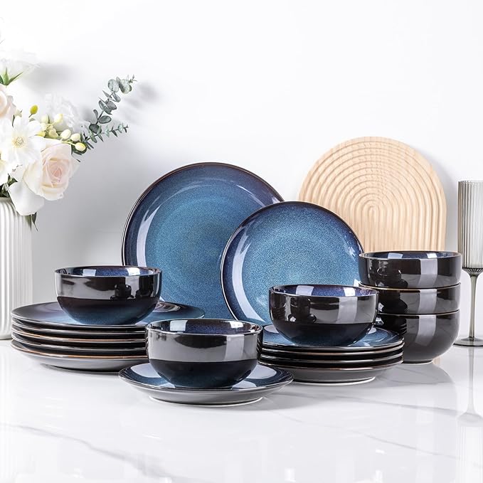 LeRatio Ceramic Dinnerware Sets for 6,Plates and Bowls Sets,Handmade Reactive Glaze Dishes Set,Chip Resistant and Scratch Resistant | Oven&Dishwasher & Microwave Safe-Blue(18PCS)