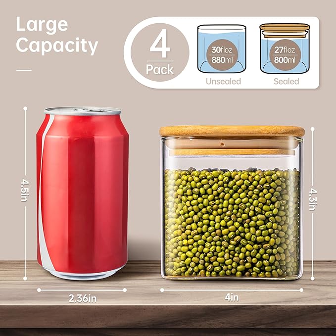 27oz - 4 Pack Square Glass Jars with Bamboo Lids, Glass Food Storage Containers with Airtight Lids for Kitchen, Air Tight Pantry Storage Containers for Cereal, Pasta, Rice, Sugar, Coffee, Spice