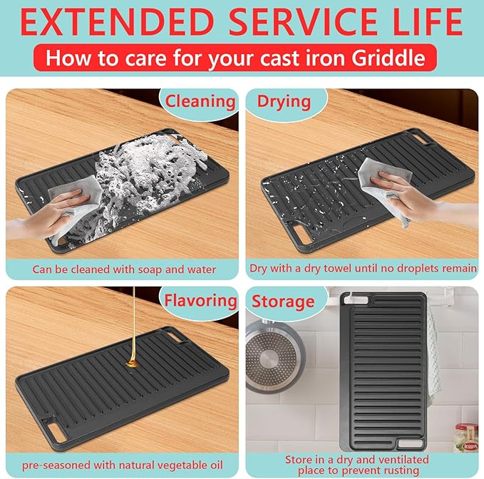 16.75" X 9.5" Reversible Cast Iron Griddle for Gas Grill, Flat Griddle Pan for Gas Stove, Pre-Seasoned Oven Top Grill pan,Upgrade Double Burner Griddle for Indoor & Outdoor Cooking Accessories