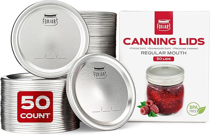 FORJARS - Canning Lids Regular Mouth, 50-Pack – Create Airtight Seals on Mason Jars to Preserve Food for Meal Prep & Food Storage – 2.7 In. Steel Lids with Silicone Seals – Canning Supplies