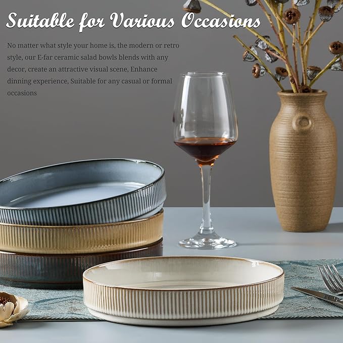 E-far Pasta Bowls Set of 4, 35oz Large Salad Bowl Plate for Dinner Serving Soup, Wide & Shallow Ceramic Stoneware Pasta Plates, Microwave & Dishwasher Safe, Reactive Glaze Textured Stripes, Multicolor