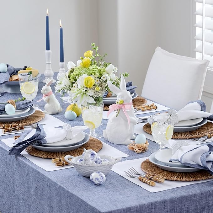 Solino Home Linen Cloth Tablecloth 52 x 52 Inch - 100% Pure Linen Chambray Indigo Square Tablecloth - Athena, Machine Washable Table Throw for Summer